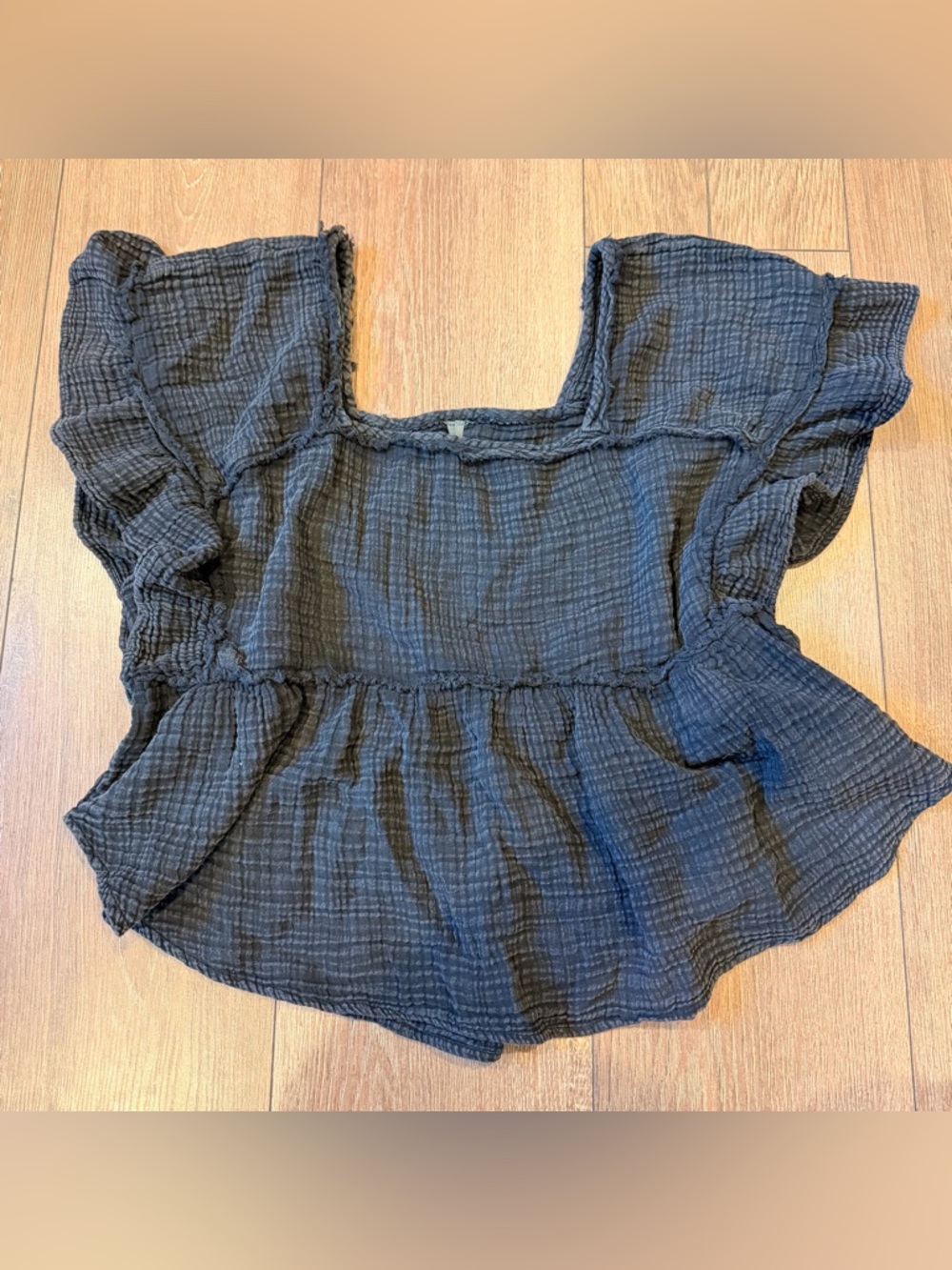 Anthropologie Black Gauze Peplum Top M Boho Flutter Sleeve Textured